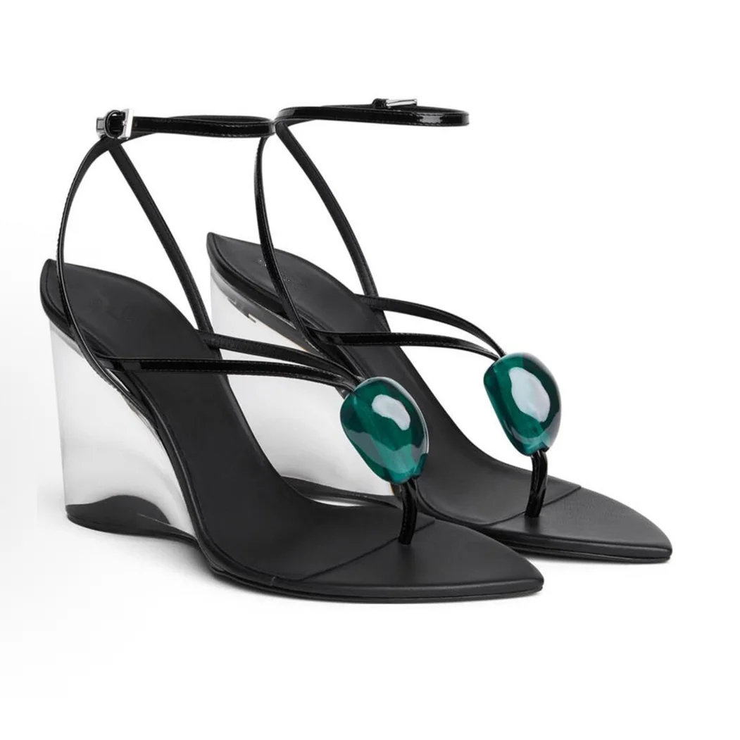 Women Clear Wedge Heel Clip Toe Sandals Ankle Strap Emerald Stone Summer Party Evening Fashion High Heels Stylish Sandals