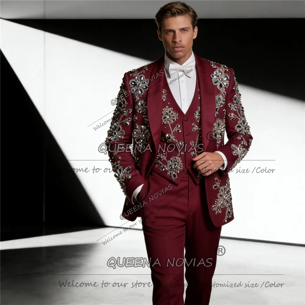 Exclusive Rhinestone Beaded Men's Suits Single Breasted Prom Blazers Customized Man Banquet Party Groom Tuxedos Ropa Hombre