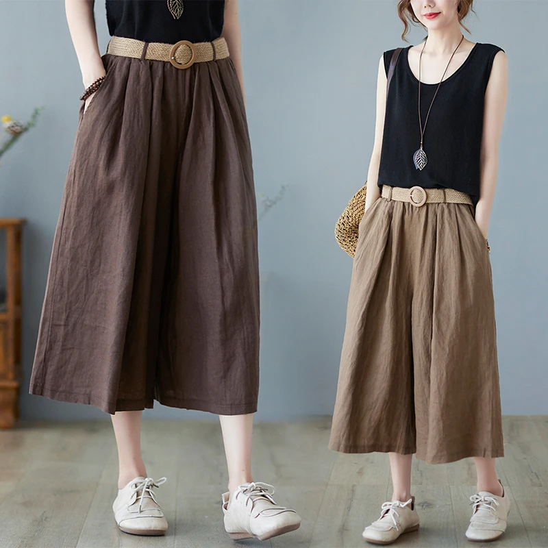 Pantaloni casual da donna vintage a gamba larga estivi stile giapponese tinta unita elastico in vita pantaloni semplici di base comodi al polpaccio
