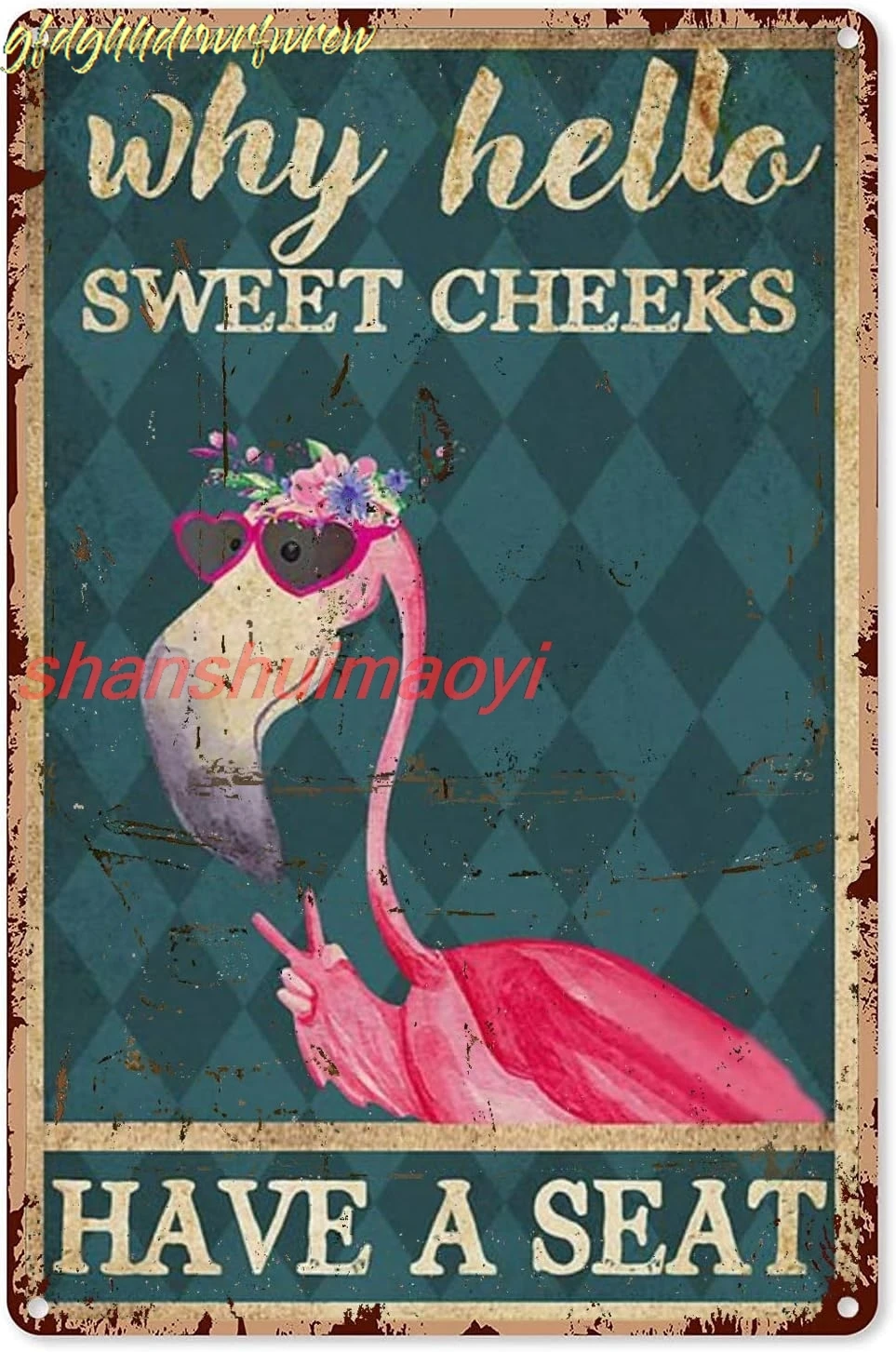 Eeypy Hello Sweet Cheeks Decor Pink Flamingo Why Hello Sweet Cheeks Have A Seat Tin Sign, Bathroom Decor, Wall Art, Home De sign