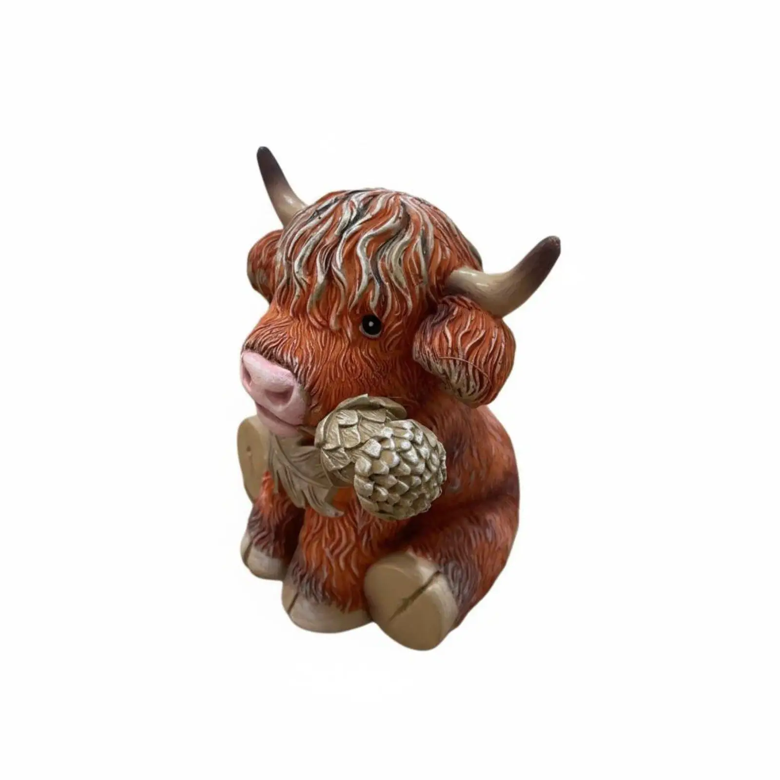 Resin Calf Figurine with Flower Highland Cow Statue for Office Desk Decor Charming Animal Sculpture Rustic Home Accent Piece