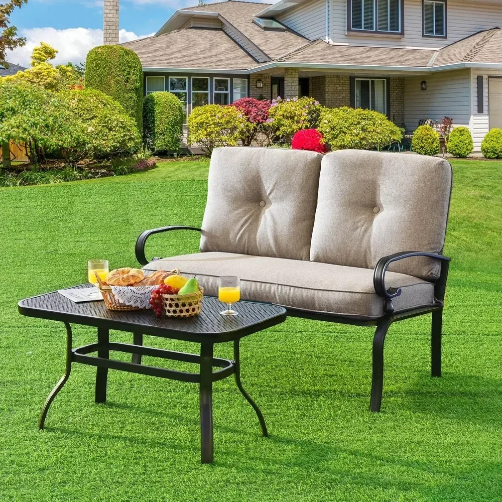 Patio Loveseat with Table Set,  Cushioned Sofa with Coffee Table, Patio Conversation Sofa Set with Rustproof Frame,Outdoor