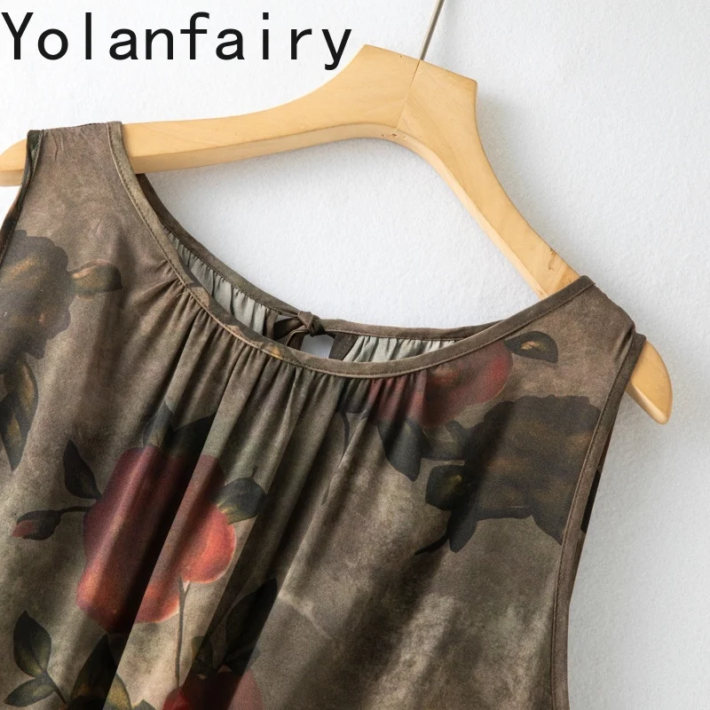 YOLANFAIRY Sukienka damska letnia luźna maxi bez rękawów z jedwabiu morwowego 93%, vintage, róża, z kieszenią