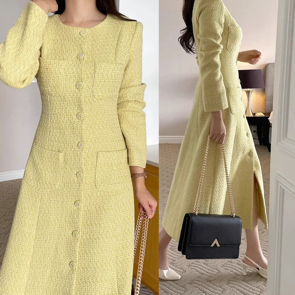 Elegant Chic Autumn Winter Yellow Tweed Long Dress High Quality Women Round Collar Fours Pockets Woolen Slim Office Maxi Vestido