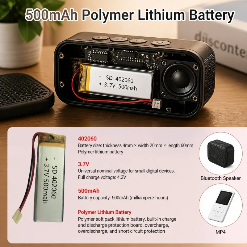 402060 3.7V 500mAh Polymer Lithium Rechargeable Battery Replacement For Bluetooth Speaker MP4 Player