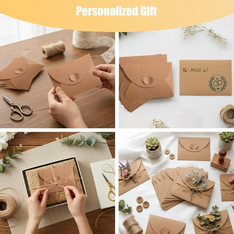 10-50 قطعة 10 سنتيمتر المغلفات الصغيرة كرافت ورقة حاملي بطاقات الهدايا عيد الحب المغلفات الصغيرة مع مشبك القلب لحفل الزفاف ، تحية
