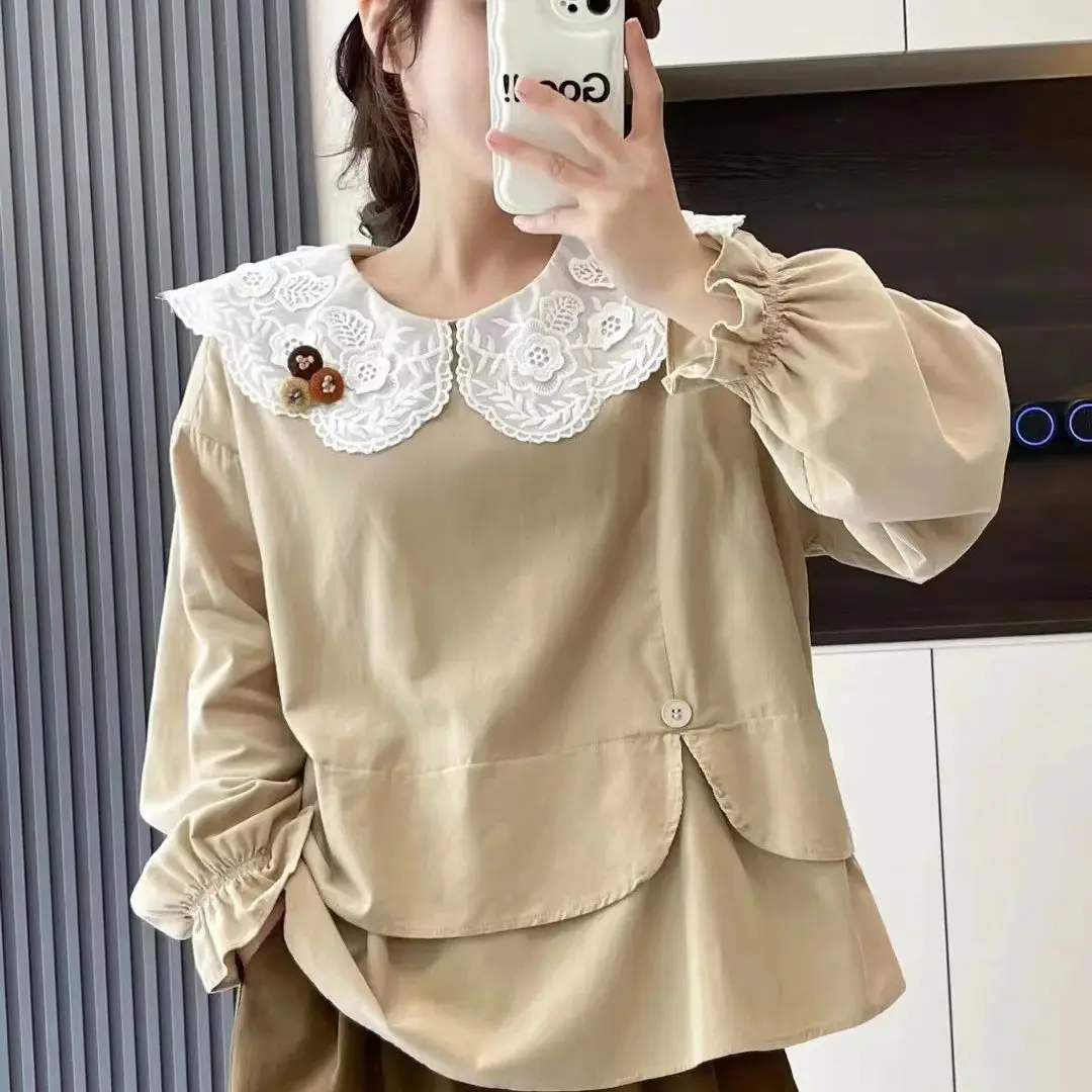 Blusas femininas tendencia 2025 mori girl vintage lace collar long sleeve thick corduroy shirts and blouses Korean clothing