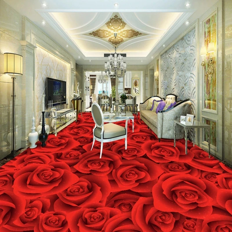 Custom 3D Floor Wallpaper Red Rose Flower Living Room Bedroom Bathroom Sticker Self-adhesive Mural Waterproof papel DE parede