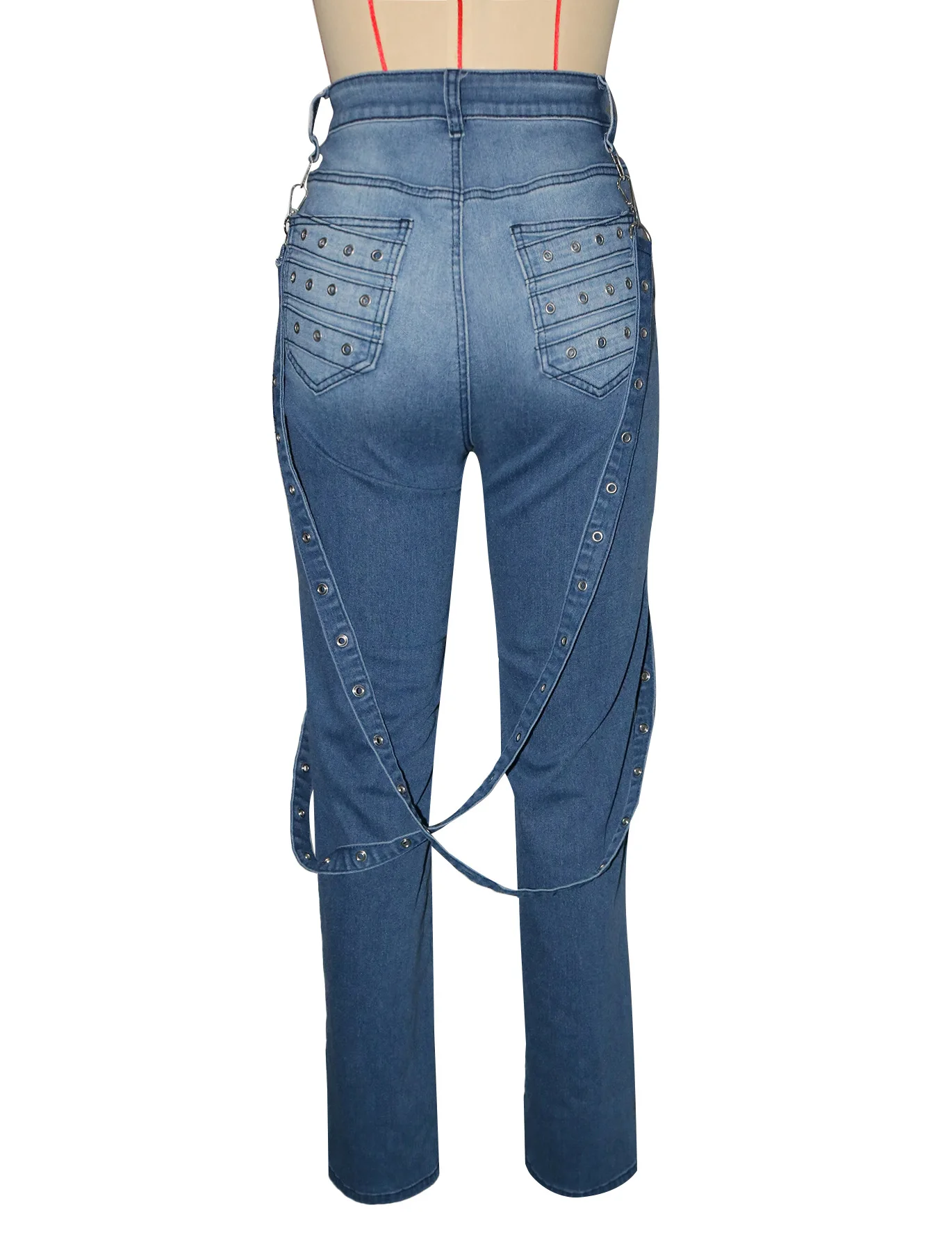 2025 Estate Donna Moda Rivetti in metallo Pantaloni in denim blu Streetwear INS Safari Style Cargo Hip Hop Jeans dritti