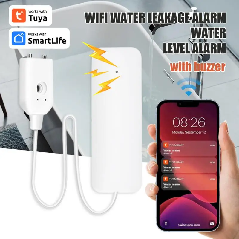 Tuya WiFi เซ็นเซอร์น้ํารั่วน้ําท่วมน้ํารั่วนาฬิกาปลุก Smart Home Automation ที่อยู่อาศัยความปลอดภัยป้องกัน Smart Life App