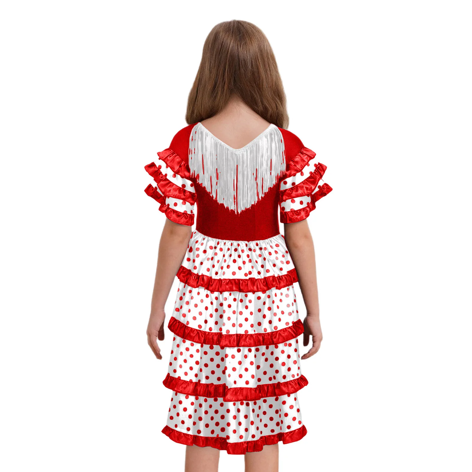 Kids Girls Spanish Flamenco Dress Gypsy Style Dance Performance Costume Tassels Short Sleeve Tiered Ruffles Dots Dress Halloween