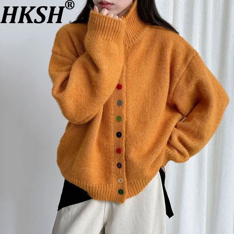

HKSH весна осень новый женский свитер с воротником-стойкой однобортный красочный вязаный кардиган на пуговицах элегантное модное пальто HK13439
