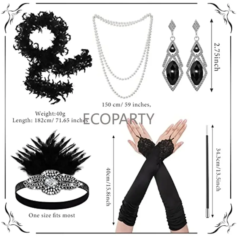 6 Pcs Women 1920s Accessories Headpiece Black Feather Satin Gloves Pearl Necklace Earrings for Halloween Cosplay Party Dress