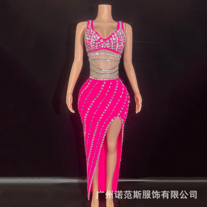 Luxury Hot Diamond Glam Suspender Dress Party Clothing Seaside Resort Nightclub Dancing Car Model Performance Clothing Robe Fête