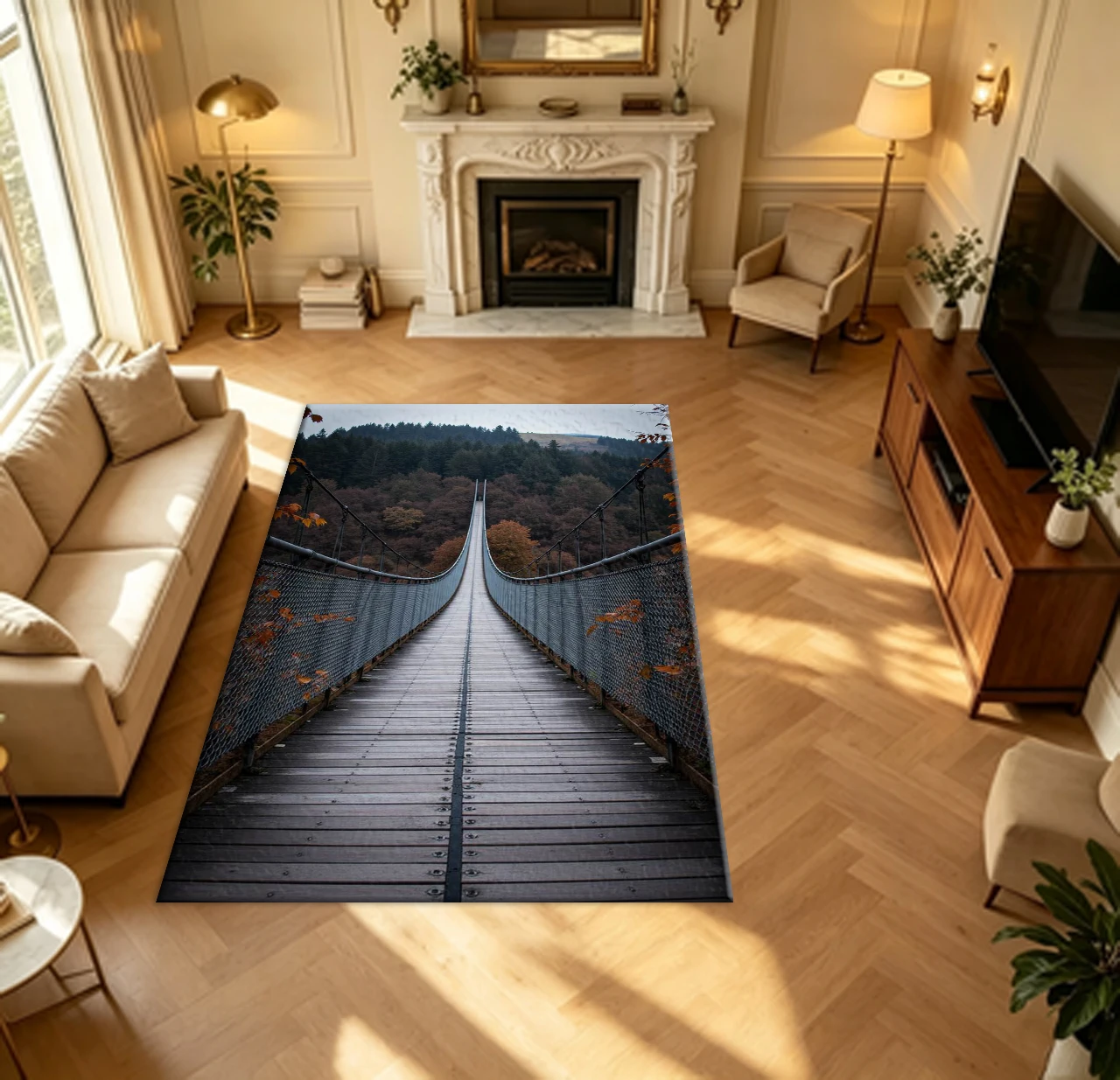 Wooden Suspension Bridge Autumn Forest Scenery carpet flooring Nature Landscape Floor Rug