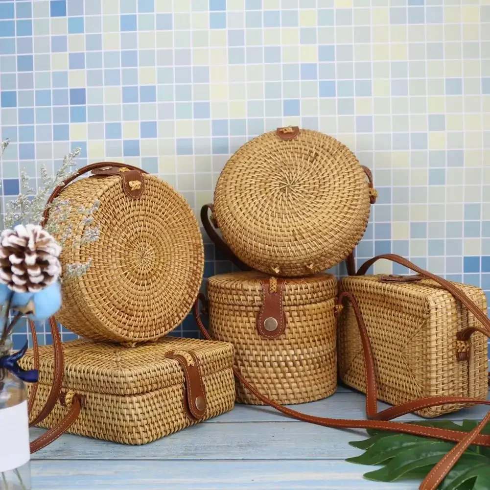 

Large Capacity Handwoven Round Rattan Bag Natural Chic Travel Messenger with Shoulder Strap for Women