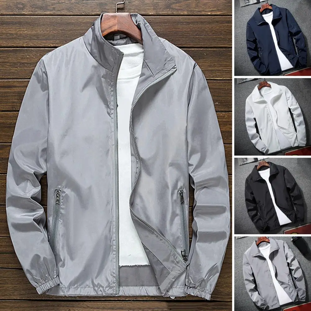 

Fashionable Men Coat Stylish Men's Outdoor Windbreaker Jacket with Lapel Collar Zipper Placket Pockets Solid Color for Active