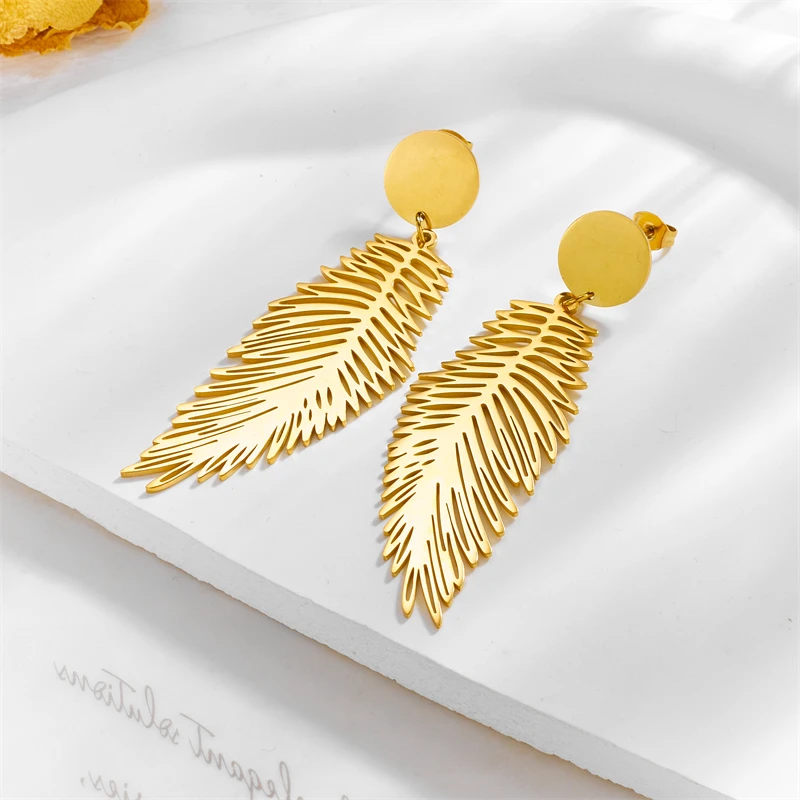 XIYANIKE 316L Stainless Steel Golden Earrings Feather Pendant New Arrival Accessories for Women Temperament Jewelry Gift Серьги