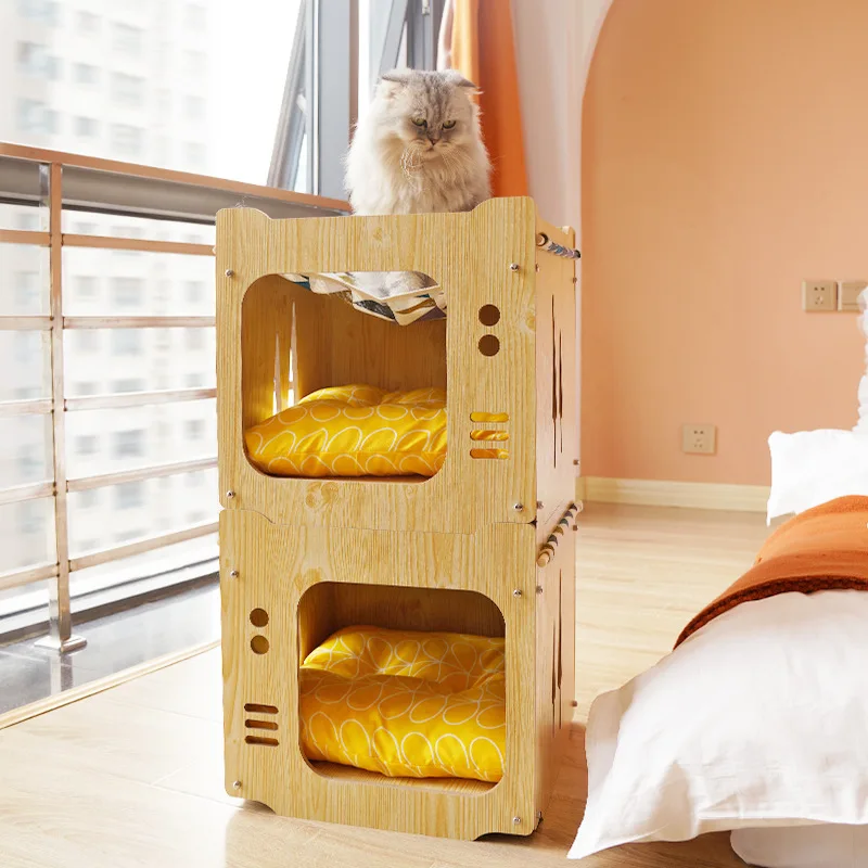 OEM/ODM Hot Sale Closed Cat Hammock Nest Bed Multifunction Cat Climbing Tree Wooden House Box with Cat Mat