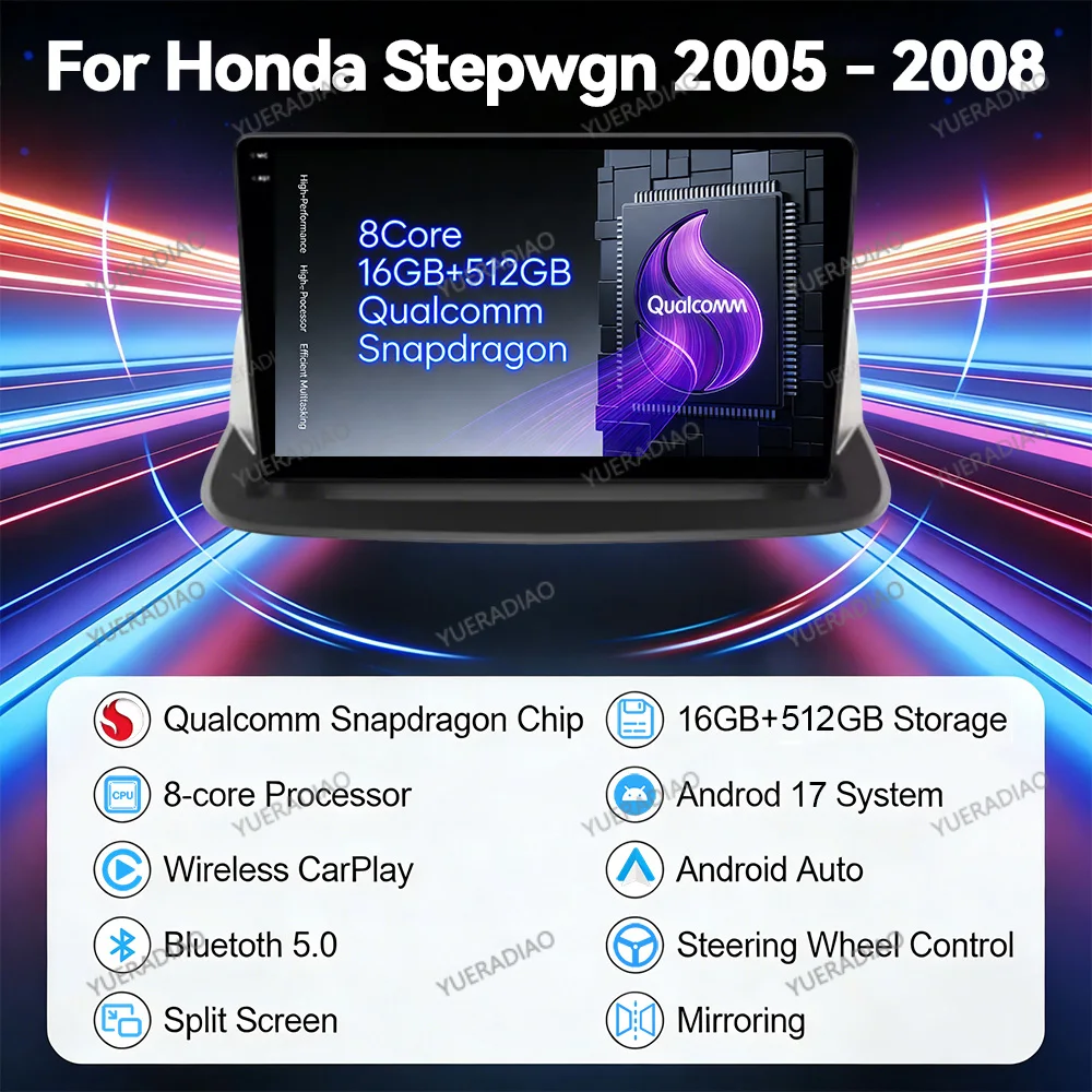 Android 17 Car Radio For Honda Stepwgn 2.0 RK 2005-2008 GPS NAVI Touch Screen BT Double Din Head Unit 4G LTE 5G WIFI FM