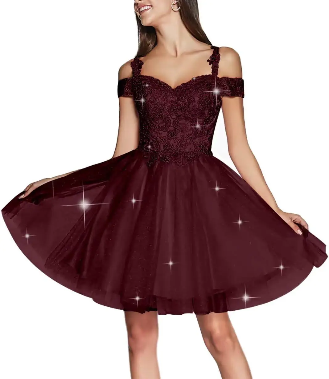 

Teen Glitter Tulle Homecoming Dresses A Line Short Prom Dress Sweetheart Lace Applique Cocktail Gown Coctail Dresses Ball Gown