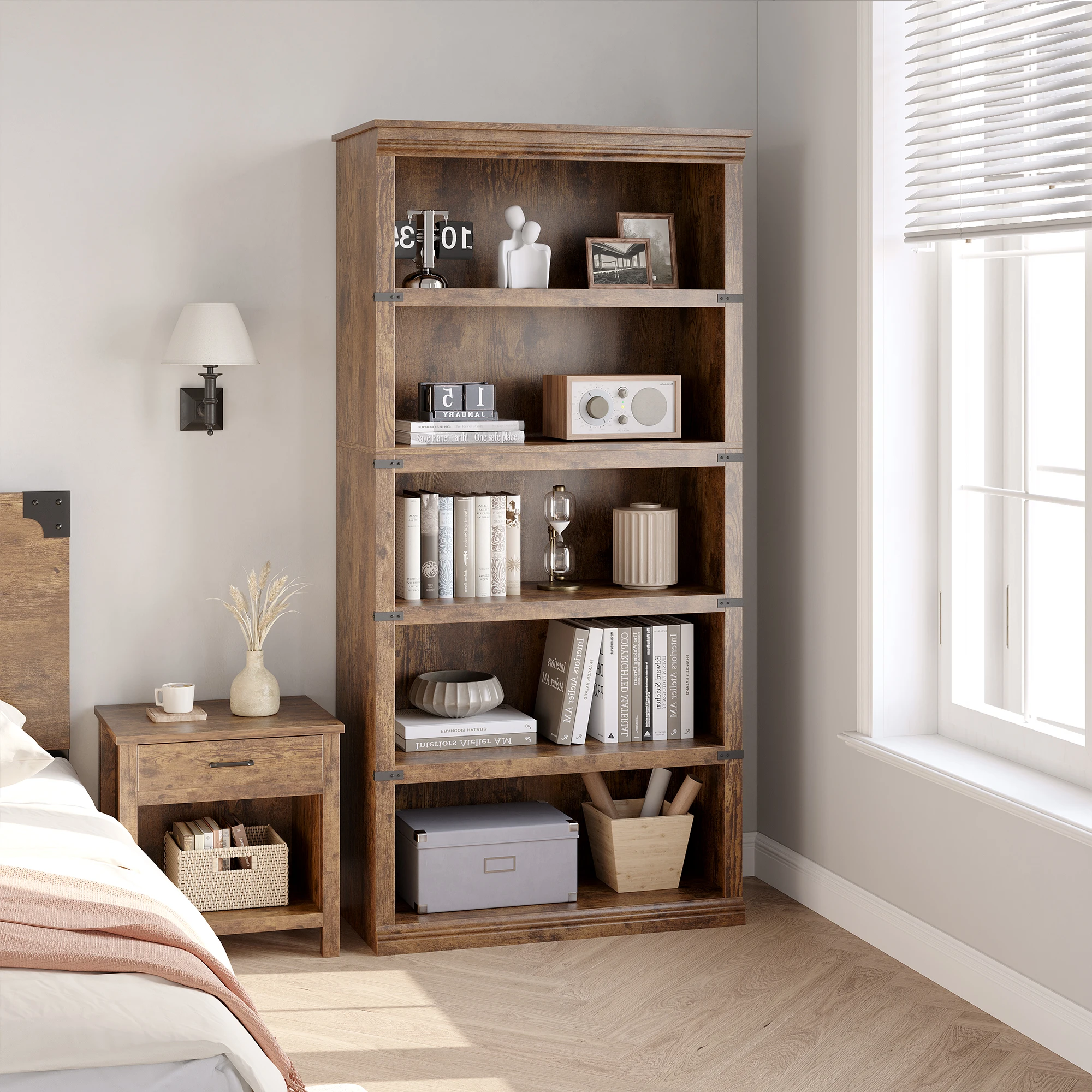 Libreria in legno stile rustico, scaffali aperti per l'organizzazione, scaffale alto per esposizione, organizer per libri, ideale per la casa, l'ufficio o il soggiorno, mobile in legno resistente,