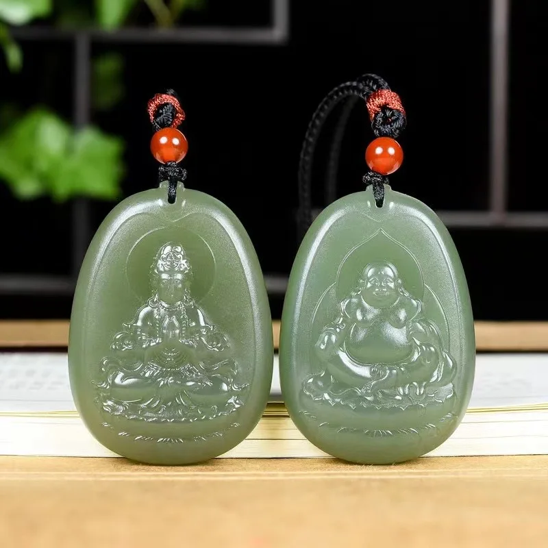 Hetian Lake Green Guanyin Laughing Buddha Jade Pendant