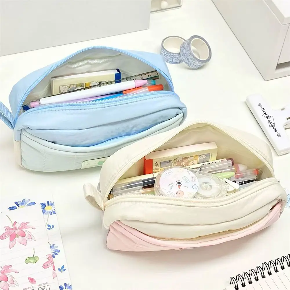 Cute 2-Layer Pencil Case Large Capacity Zipper Pencil Pouch Colors-block Stationery Bag Students