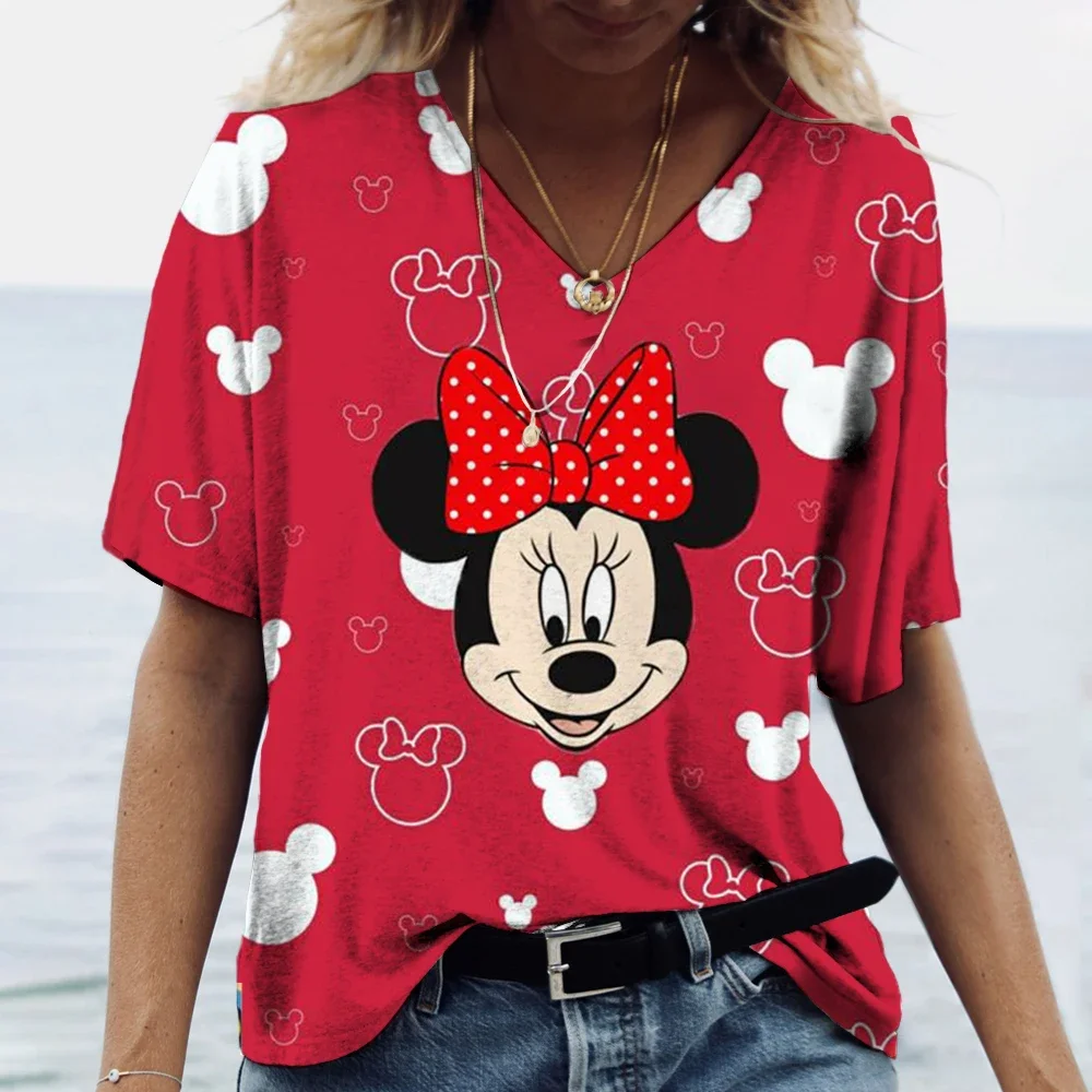 نمط جديد المرأة الصيف ديزني ميكي ماوس طباعة تي شيرت Y2k بلايز للسيدات الخامس الرقبة قصيرة الأكمام البلوز الشارع الشهير تي شيرت