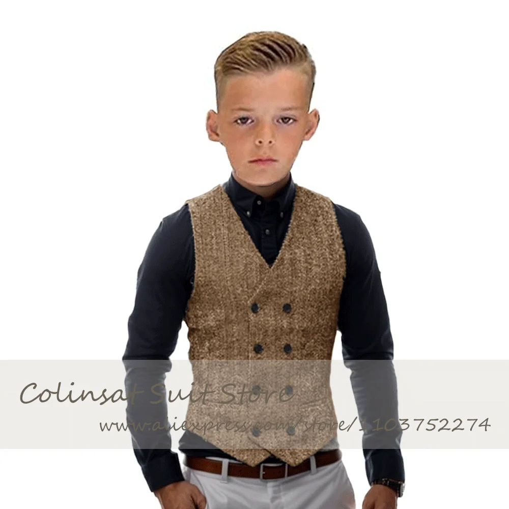 Children Boy's Vest Double Breasted Herringbone Tweed Pattern Waistcoat Baby Boys Sleeveless Coat Top 3-16 Yrs Birthday Party