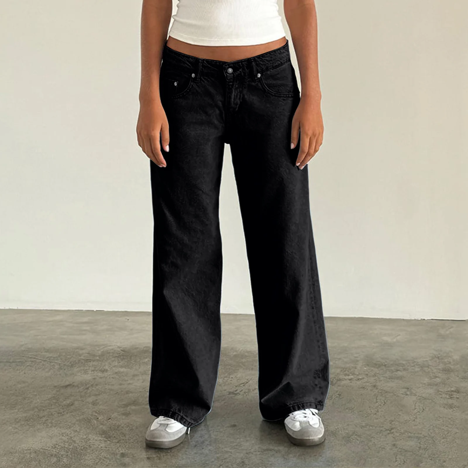 Damesmode Straat Jeans met rechte pijpen Losse knoopzak Gewassen denim Wijde pijpen broek Hoge taille Casual denim broek 2025