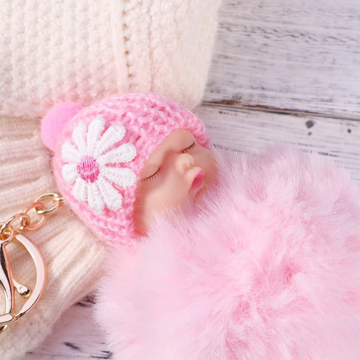 

Sleeping Baby Ball Pompom Key Chain Light Pink Bag Keyring Charm Pendant for Handbag Car Phone Wallet Key Chain