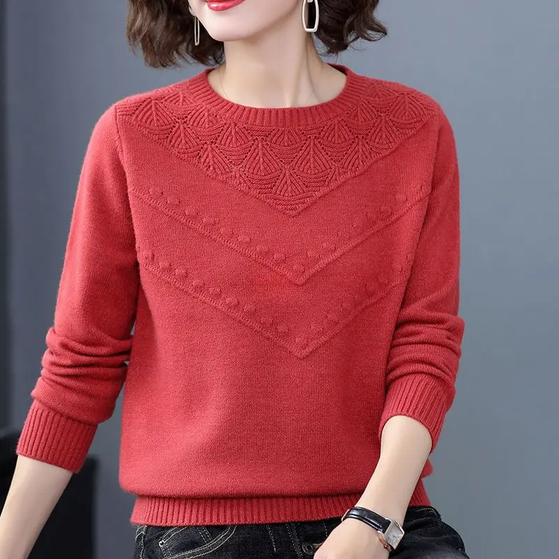 Autumn Winter Women\'s Clothing Round Neck Solid Color Pullover Lantern Long Sleeve Geometric Sweater Knitted Casual Elegant Tops