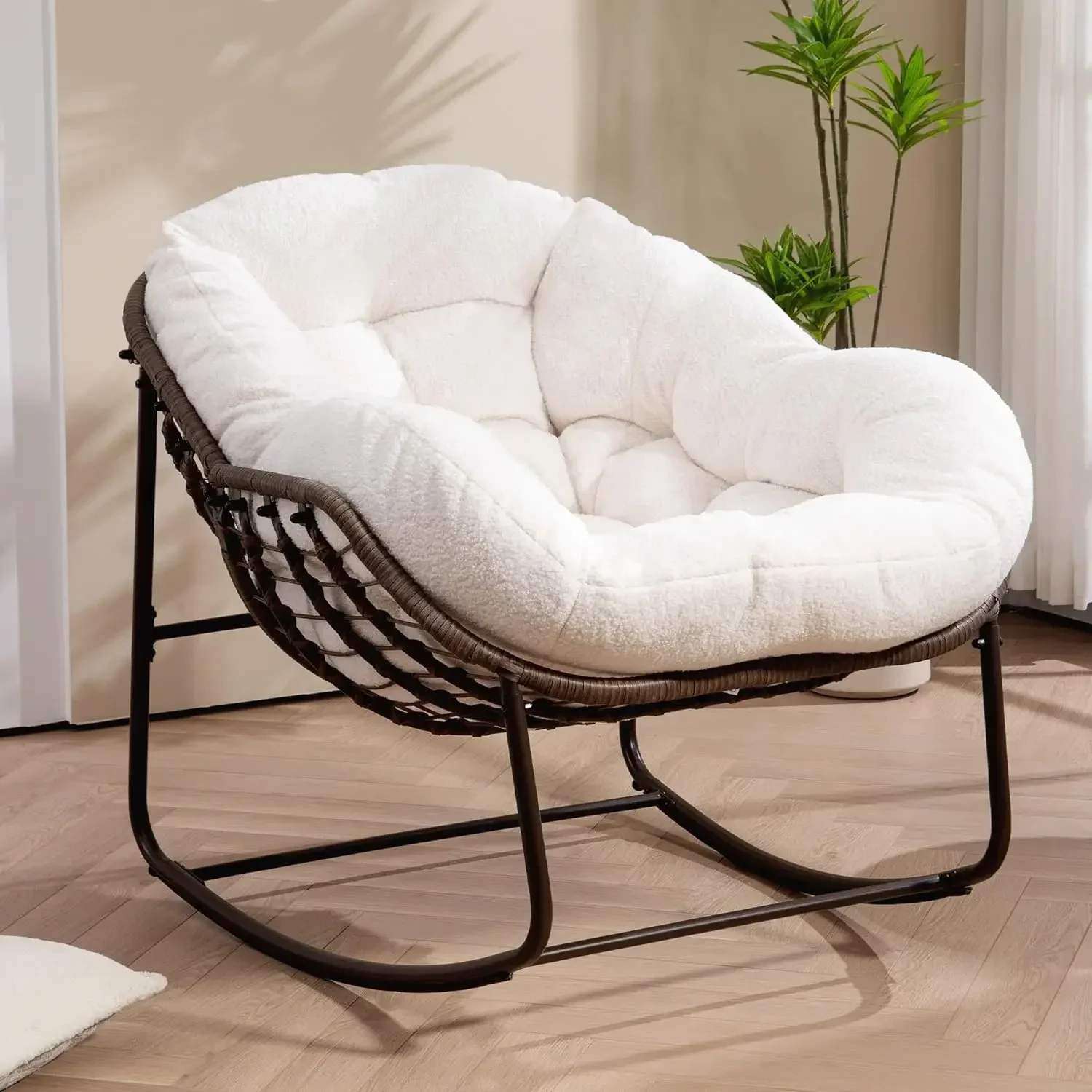 Rocking Chair Indoor, Oversized Outdoor Patio Rocking Chairs with Teddy Padded Cushion - Rocker Egg Chair