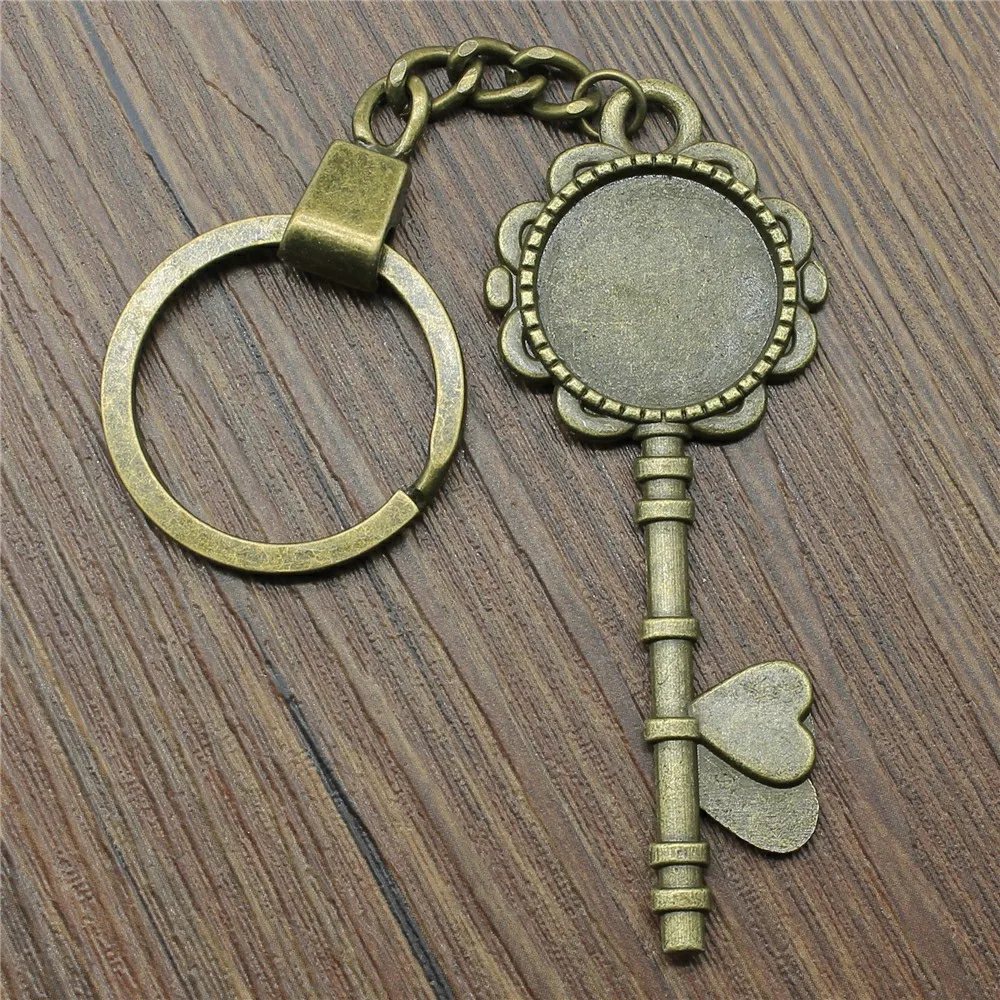 Fashion Antique Bronze Color Fit  20mm Round Key Style Cameo Cabochon Pendant Base Setting Pendants Key Chain Keyring Making