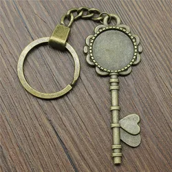 Fashion Antique Bronze Color Fit  20mm Round Key Style Cameo Cabochon Pendant Base Setting Pendants Key Chain Keyring Making