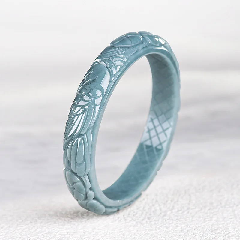 Natural A-grade Jadeite Blue Water Circle Three-Dimensional Carving Phoenix Peony Bracelet Ice Seed Jade For Women's Gifts