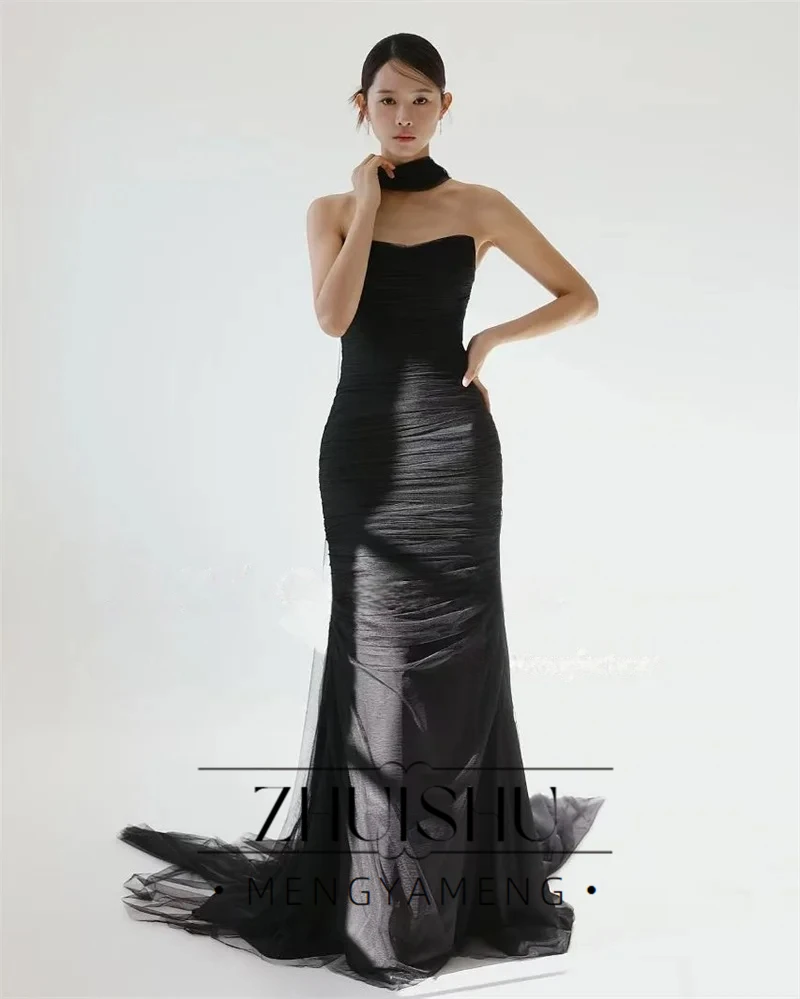 ZHUISHU Black Mermaid Evening Dresses Korea Wedding Photo shoot Soft Tulle Prom Gowns Corset Back Long Evening Party Corset