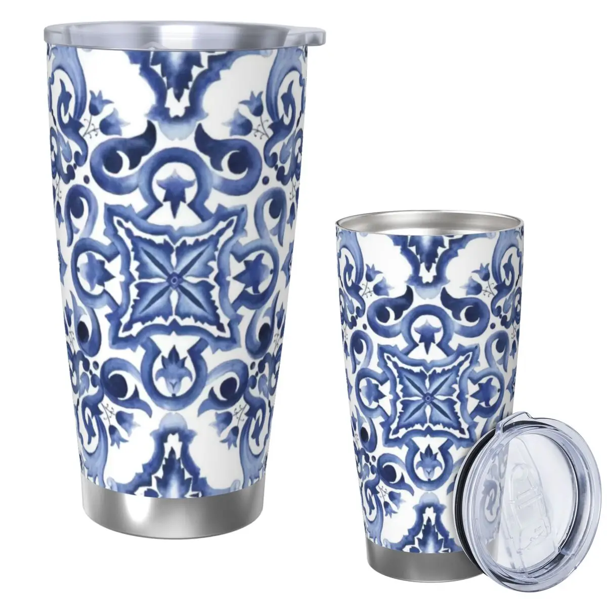 Blue Ornate Floral Mediterranean Sicilian Tile Stainless Steel Tumbler Vacuum Insulated Mugs Thermal Cold Cups Straws 20oz
