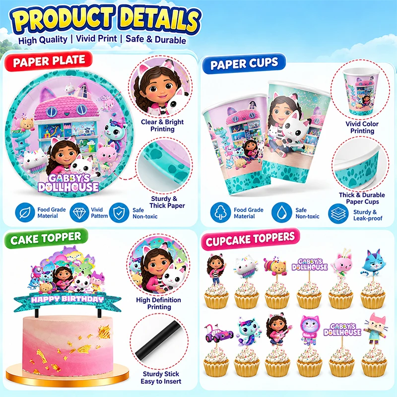 Pink Gabby Cartoon Movie Themed  Doll Paper Plate Cups Cake Flag Cupcake Combination for Celebrating Birthday Party Gifts - view 6