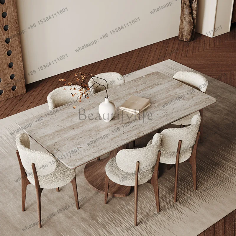 Medieval solid wood rock slab dining table and chairs rectangular modern simple walnut fiberglass dining table