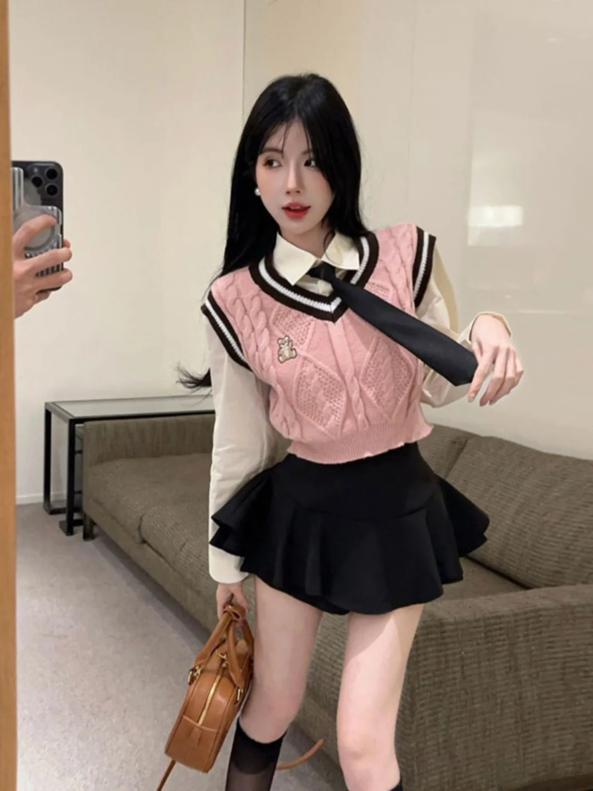 

Spring Ready Preppy Style Knitted Vest Shirt Puffy Skirt Three Piece Set Comfortable Cotton Material Short Sleeve Neck