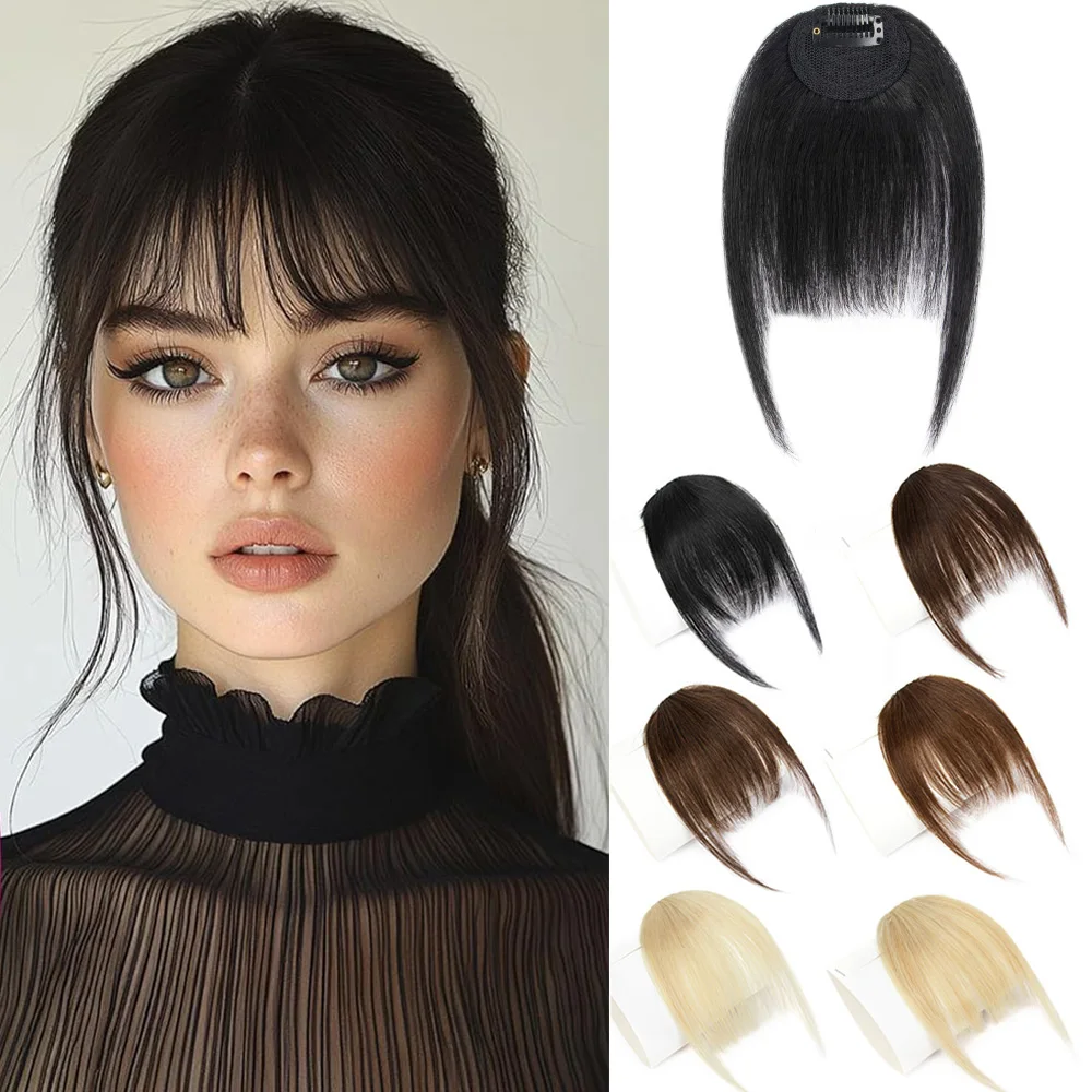 Straight Human Hair Clip in Bangs Fringe with Temples Wispy Bangs French Bangs for Women Black Blonde Gray Hair Bangs Daily Use