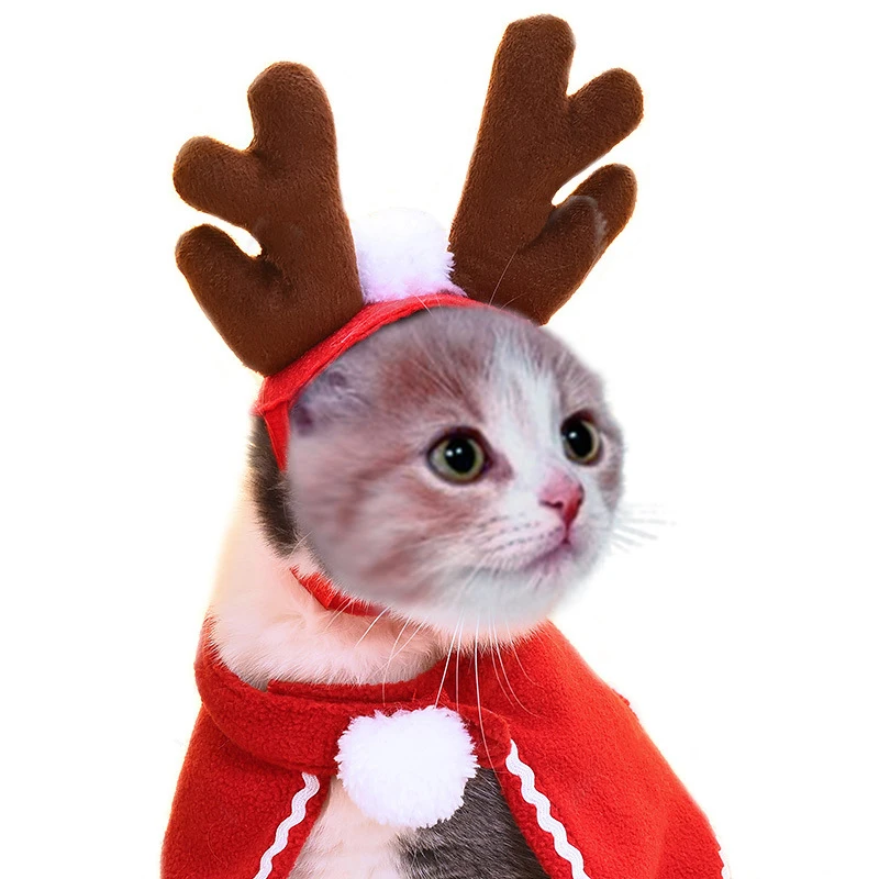 Christmas Cat Costume Santa Elk Cosplay Dog Pet Scarf Hat Crown Headband Cat Accessories Holiday Party Dress Up Supplies Gift