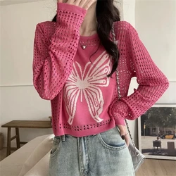 Spring Autumn New Fashion Round Neck Long Sleeve Solid Color Printing Pullovers Women's Clothing Hollow Out Sweet All-match Tops