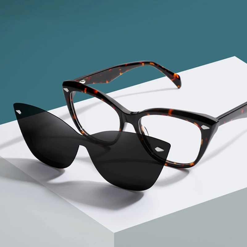 BEMORE Square Acetate Polarized Clip on Prescription Eyewear Woman Anti-Blue Light Correction Myopia Progressive Glasses