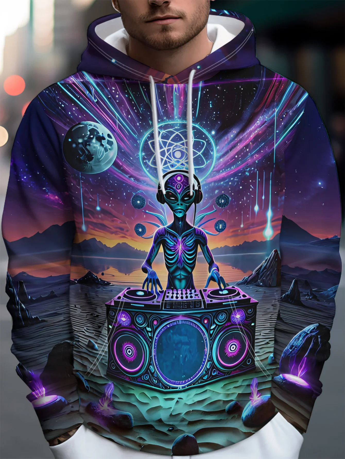 Men Alien DJ Psychedelic Cosmic Nebula Planet Full Print Hoodie Long Sleeve Trippy Space Techno Casual Pullover Sweatshirt
