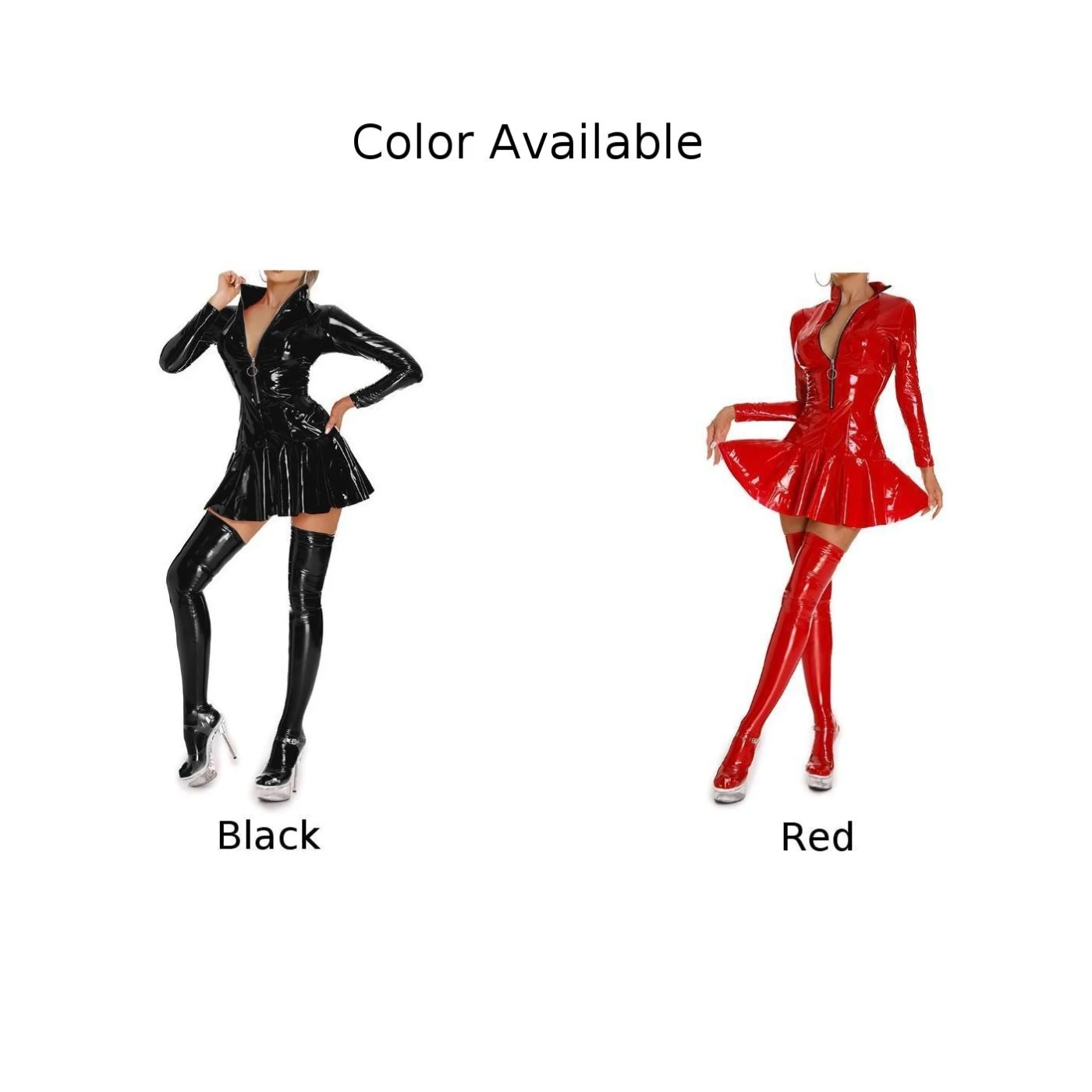 Women Wet Look Shiny PVC Leather Bodycon Short Dress Zip Up Turtleneck Dress Stage Nightclub Performance Costume Erotic Lingerie