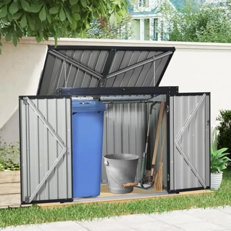 Outdoor garbage can storage shed for garden yard use, stainless galvanized steel, black, weather-resistant and lockable