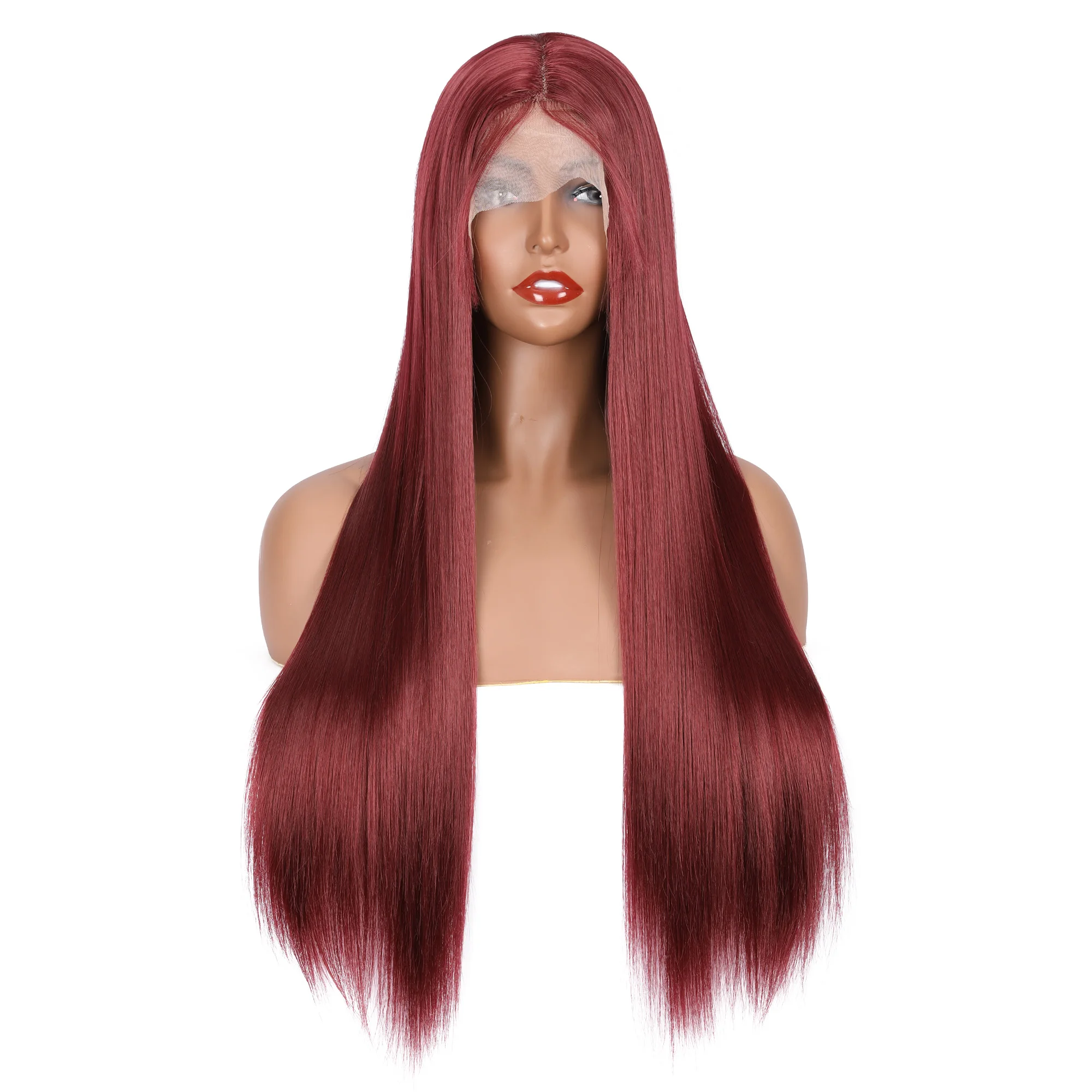 

Soft Wine Red Straight 26Inch Long 180%Density Lace Front Wig For Black Women With Baby Hair Burgundy 99j Synthetic Preplucked